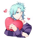  1boy blue_eyes blue_hair commentary eyebrows_visible_through_hair hair_between_eyes heart heart_pillow looking_at_viewer male_focus medium_hair mikaze_ai pillow pillow_hug pingo ponytail purple_sweater red_heart simple_background solo sweater two-tone_sweater uta_no_prince-sama white_background 