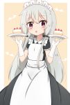  1girl :o alternate_costume apron bangs black_dress blush brown_background cake collarbone collared_dress commentary_request dress elbow_gloves enmaided eyebrows_visible_through_hair food fruit gloves grey_hair hair_between_eyes hair_ornament hands_up highres holding holding_plate jiu_(sdesd3205) long_hair looking_at_viewer maid maid_apron maid_headdress parted_lips plate puffy_short_sleeves puffy_sleeves purple_eyes short_sleeves sidelocks solo sophie_twilight strawberry tonari_no_kyuuketsuki-san two-tone_background very_long_hair white_apron white_background white_gloves 