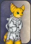  anthro button_(fastener) digital_media_(artwork) insomniac_games lombax male mammal nervous paddy_(artist) partialy_clothed pinup pose ratchet_and_clank simple_background solo straitjacket straps tuft video_games 