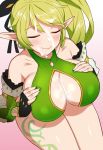  1girl anemos_(elsword) bare_shoulders blush breast_hold breasts cleavage cleavage_cutout collarbone cum cum_on_body cum_on_breasts cum_on_hair cum_on_upper_body cumdrip detached_sleeves earrings elf elsword eyebrows_visible_through_hair eyes_closed facial fingerless_gloves gloves green_hair jewelry large_breasts long_hair nt00 pointy_ears rena_(elsword) ribbon side_ponytail smile solo 