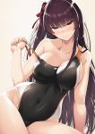  1girl akahito arm_support bangs beige_background blush breasts collarbone commentary_request competition_swimsuit covered_navel eyebrows_visible_through_hair girls_frontline hair_ribbon half-closed_eyes highres large_breasts long_hair looking_at_viewer one-piece_swimsuit one_side_up purple_hair red_eyes ribbon sidelocks simple_background sitting skindentation solo sweatdrop swimsuit swimsuit_tug thighs tsurime very_long_hair wa2000_(girls_frontline) yokozuwari 