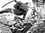  2boys closed_mouth enemy_tantou greyscale hakama highres japanese_clothes jikan_sokougun jumping jumpsuit long_hair male_focus monochrome multiple_boys nihongou_(touken_ranbu) polearm ponytail skeleton spear tan_matsu tantou tonbokiri_(touken_ranbu) touken_ranbu weapon yari 