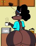  afro beverage big_butt bottomless butt cabinets canid canine canis clothed clothing coffee coffee_mug crackalacking dobermann domestic_dog ear_piercing ear_ring female grouchy hi_res huge_butt kitchen mammal mature_female michelle_(sssonic2) microwave mother parent piercing pinscher thick_thighs tired wide_hips 