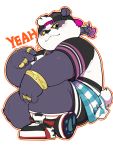  2019 alp_(tas) anthro belly blush clothing english_text fur giant_panda hat headgear headwear hi_res humanoid_hands male mammal overweight overweight_male purple_fur quanjiang shirt shorts simple_background sitting solo text tokyo_afterschool_summoners topwear ursid video_games white_background 