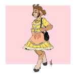  1:1 bigmsaxon border clothing dress ear_piercing ear_ring faun female fur handbag hi_res hooves horn humanoid orange_eyes piercing pink_background simple_background smile tied_hair walking white_border 