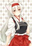  1girl animal_ear_fluff animal_ears argyle argyle_background brown_eyes cat_ears commentary_request eyebrows_visible_through_hair hairband hakama_skirt headband highres izumo_ayuka japanese_clothes kantai_collection long_hair muneate shoukaku_(kantai_collection) sidelocks silver_hair smile solo white_hair 