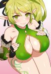  1girl anemos_(elsword) bare_shoulders blush breast_hold breasts cleavage cleavage_cutout collarbone detached_sleeves earrings elf elsword eyebrows_visible_through_hair fingerless_gloves gloves green_eyes green_hair jewelry large_breasts long_hair looking_at_viewer nt00 pointy_ears rena_(elsword) ribbon side_ponytail sideboob smile solo tattoo 