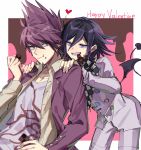  2boys beard black_wings chocolate collarbone commentary_request danganronpa demon_girl demon_tail demon_wings eyebrows_visible_through_hair facial_hair goatee hair_between_eyes hands_on_shoulders happy_valentine heart highres in_mouth jacket male_focus medium_hair momota_kaito multiple_boys nanin new_danganronpa_v3 ouma_kokichi pink_eyes pink_hair purple_hair purple_jacket shirt succubus tail white_jacket white_legwear white_shirt wings 