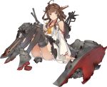  1girl ahoge bare_shoulders black_legwear blush boots breasts brown_hair cannon detached_sleeves double_bun frilled_skirt frills frown full_body hair_ornament hairband headgear high_heels japanese_clothes kantai_collection kongou_(kantai_collection) konishi_(koconatu) large_breasts long_hair nontraditional_miko official_art open_mouth panties ribbon ribbon-trimmed_sleeves ribbon_trim sash skirt solo thigh_boots thighhighs torn_clothes torpedo_launcher transparent_background turret underwear white_panties wreckage zettai_ryouiki 