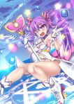  1girl aisha_(elsword) armpits bare_shoulders blush bottomless bubble dimension_witch_(elsword) elsword eyebrows_visible_through_hair gloves haiumore magic_circle magical_girl sky smile staff star thighs twintails 