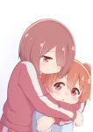  2girls blush brown_hair commentary_request hair_over_one_eye hatafuta hoshino_hinata hoshino_miyako_(wataten) hug jacket multiple_girls orange_eyes orange_hair short_hair siblings side_ponytail sisters track_jacket track_suit watashi_ni_tenshi_ga_maiorita! white_background 