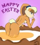  anthro blonde_hair blue_eyes breasts butt candy chocolate easter female finger_suck food hair hefess holidays lagomorph leporid lola_bunny looking_back looney_tunes mammal nude rabbit solo warner_brothers 