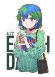  1girl bag blue_eyes blue_hair blush coffee_cup cup dated disposable_cup earrings earth-chan green_hair handbag highres holding holding_cup jewelry looking_at_viewer multicolored_hair nasa_logo original short_hair solo steam tsukino_(nakajimaseiki) two-tone_hair white_background 