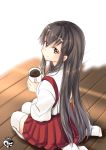  1girl akagi_(kantai_collection) artist_logo black_hair brown_eyes chize cup from_behind full_body hakama hakama_skirt hot_chocolate japanese_clothes kantai_collection long_hair looking_at_viewer looking_back mug red_hakama sitting solo straight_hair tasuki thighhighs wariza white_legwear wooden_floor 