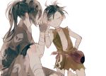  1boy 1girl androgynous bag bandage bandaged_arm bandages black_hair choker commentary_request dororo_(character) dororo_(tezuka) grey_eyes hyakkimaru_(dororo) japanese_clothes kneeling one_eye_closed ponytail red_choker red_neckwear simple_background sitting syokuuuuuuuuumura whispering white_background 