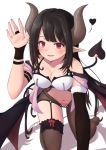  1girl absurdres asymmetrical_legwear asymmetrical_sleeves b7669726 bare_shoulders black_hair black_wings blush bow breasts cleavage commentary_request demon_girl demon_horns demon_tail demon_wings dot_nose fur_trim hand_up heart heart_tail highres horns long_hair looking_at_viewer medium_breasts nail_polish navel original parted_lips pointy_ears pubic_tattoo purple_eyes simple_background smile solo succubus tail tattoo thighhighs white_background wings 