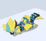  3_toes ambiguous_gender bdsm black_fur blue_eyes bondage bound claws fur gag looking_at_viewer multicolored_fur nintendo pawpads pok&eacute;mon pok&eacute;mon_(species) rope rope_bondage simple_background solo striped_fur stripes toe_claws toes toes_tied video_games whistleristler yellow_fur zeraora 