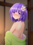  1girl bare_back bare_shoulders blurry blurry_background blush commentary_request flower green_kimono hair_flower hair_ornament hieda_no_akyuu highres indoors japanese_clothes kimono long_sleeves looking_at_viewer looking_back nose_blush off_shoulder pink_flower purple_eyes purple_hair short_hair sidelocks solo sweat teoi_(good_chaos) touhou upper_body 