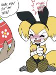  angry big_breasts blush breasts digimon digimon_(species) easter english_text female furball holidays hybrid impmon nipples renamon renimpmon short_stack solo_focus text 
