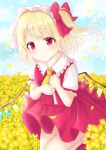  1girl arms_up asymmetrical_sleeves bangs blonde_hair blue_sky blush bobby_socks bow cloud cowboy_shot cravat crystal day eyebrows_visible_through_hair field flandre_scarlet flower flower_field folded_leg frilled_shirt_collar frills hair_bow hands_on_own_chest hat head_tilt looking_at_viewer mob_cap nibosisuzu outdoors petals red_eyes red_footwear red_skirt red_vest shirt short_hair short_sleeves side_ponytail skirt sky smile socks solo standing standing_on_one_leg swept_bangs touhou vest white_headwear white_legwear white_shirt wind wind_lift wings yellow_neckwear 