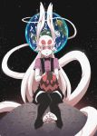  1girl :p ad-6-0001a alien animal_ears black_legwear black_neckwear bow bowtie bunny_ears commentary earth english_commentary hushabye long_hair long_tail monster_girl moon pink_shirt project_a.d.a. red_eyes shirt short_sleeves sitting solo space suspenders tail thighhighs toeless_legwear toes tongue tongue_out very_long_hair white_hair white_skin 
