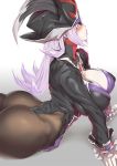  1girl ass black_legwear blush breasts buttjob dahut_(fate/grand_order) eyebrows_visible_through_hair eyepatch fate/grand_order fate_(series) francis_drake_(fate) from_behind hat hip_focus huge_ass ion_(cation) large_breasts lavender_hair looking_at_viewer looking_back makeup pantyhose solo thick_thighs thighhighs thighs wide_hips yellow_eyes 