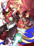  3boys absurdres albert_w_wily android blonde_hair blue_eyes capcom colonel energy_sword facial_hair gloves hat helmet highres holding holding_weapon jie_laite lightsaber long_hair male_focus multiple_boys mustache red_eyes rockman rockman_x rockman_x4 sword very_long_hair weapon white_gloves zero_(rockman) 