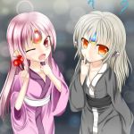  2girls ?? apple_(elsword) blush candy_apple code:_nemesis_(elsword) collarbone elsword eve_(elsword) facial_mark food forehead_jewel haiumore mechanical_ears multiple_girls one_eye_closed smile traditional_clothes 