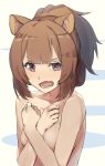  1girl animal_ears bangs blunt_bangs blush breasts brown_hair covering covering_breasts hair_up kakura_mina long_hair looking_at_viewer medium_breasts nose_blush nude open_mouth purple_eyes raccoon_ears raccoon_girl raphtalia solo tate_no_yuusha_no_nariagari tattoo tears upset wavy_mouth 