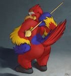  absurd_res anthro ara_(genus) avian beak big_butt biped bird blue_feathers butt cere_(anatomy) claws feathers hi_res macaw neotropical_parrot parrot red_feathers scarlet_macaw teaselbone toe_claws true_parrot wand yellow_beak 