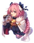  1boy astolfo_(fate) black_bow black_ribbon bow braid cloak fang fate/apocrypha fate/grand_order fate_(series) fur-trimmed_cloak fur_collar fur_trim hair_intakes hair_ribbon kamesu long_braid long_hair looking_at_viewer multicolored_hair open_mouth otoko_no_ko pink_hair purple_eyes ribbon single_braid streaked_hair white_cloak white_hair 