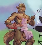  anthro apron balls canid canine canis clothing erection food hi_res humanoid_penis looking_at_viewer male mammal muscular muscular_male penis potionmastercernun smile solo standing wolf 