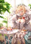  1girl :d ahoge bangs blonde_hair breasts bridal_veil cake cleavage cup eyebrows_visible_through_hair eyes_closed facing_viewer fate/grand_order fate_(series) flower food fruit full-length_zipper glasses gloves hair_between_eyes hair_intakes hazu_t head_wreath lock long_sleeves medium_breasts nero_claudius_(bride)_(fate) nero_claudius_(fate)_(all) open_mouth outstretched_arm padlock plate showgirl_skirt smile solo sparkle strawberry table tea teacup veil white_gloves wide_sleeves zipper zipper_pull_tab 