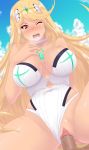  1boy 1girl bare_shoulders blonde_hair blush breasts brown_eyes censored choker cleavage cloud collarbone covered_navel earrings eyebrows_visible_through_hair hair_ornament hikari_(xenoblade_2) jewelry kihaiu large_breasts long_hair nose_blush one-piece_swimsuit one_eye_closed open_mouth penis pussy sex sky spread_legs swimsuit swimsuit_aside tiara tongue upper_teeth vaginal very_long_hair xenoblade_(series) xenoblade_2 