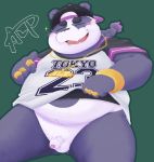  0ottotto0 2019 alp_(tas) anthro balls belly blush clothed clothing cute_fangs eyes_closed flaccid fur giant_panda green_background hat headgear headwear hi_res humanoid_hands humanoid_penis male mammal navel open_shirt overweight overweight_male penis purple_fur shirt simple_background sitting solo tokyo_afterschool_summoners tongue topwear ursid video_games 