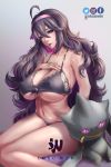  1girl @_@ bra breasts cleavage creatures_(company) enso_won game_freak hex_maniac_(pokemon) huge_breasts lingerie long_hair nail_polish nintendo pokemon purple_hair solo underwear 