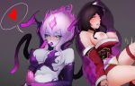  2girls ahegao ahri animal_ears areolae black_hair black_sclera blue_skin breasts breasts_outside censored darkness detached_sleeves erect_nipples evelynn fiery_hair fox_ears futanari heart korean_clothes large_breasts league_of_legends long_hair masturbation multiple_girls navel nipples pingkypen rope sidelocks slit_pupils tears tentacle tongue tongue_out white_hair yellow_eyes 