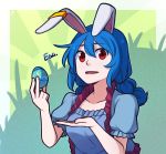  1girl animal_ears bangs blue_dress blue_hair bunny_ears commentary dress ear_clip easter_egg egg english_commentary english_text hair_between_eyes holding_egg long_hair looking_at_viewer low_twintails open_mouth puffy_short_sleeves puffy_sleeves red_eyes seiran_(touhou) short_sleeves solo speckticuls touhou twintails upper_body 