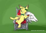  2014 alcohol animated balls beckoning beverage chair ero_(character) fan_character feathered_wings feathers gesture green_eyes male nintendo oscar_the_purrloin penis pikachu pok&eacute;mon pok&eacute;mon_(species) solo throne video_games wine wine_glass wings 