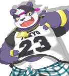  2019 alp_(tas) anthro belly blush clothing cute_fangs fur giant_panda hat headgear headwear hi_res humanoid_hands male mammal overweight overweight_male purple_fur qweszxc612xu30 shirt simple_background solo tokyo_afterschool_summoners topwear ursid video_games white_background 