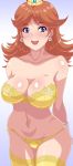  1girl arms_behind_back bare_arms bare_shoulders blue_eyes bra breasts brown_hair cleavage collarbone cowboy_shot crown earrings eyebrows_visible_through_hair gradient gradient_background jewelry kihaiu large_breasts long_hair looking_to_the_side mario_(series) navel nintendo open_mouth panties princess_daisy purple_background smile solo thighhighs underwear underwear_only upper_teeth white_background yellow_bra yellow_legwear yellow_panties 