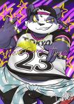  2019 alp_(tas) anthro belly black_nose bulge clothing english_text fur giant_panda hat headgear headwear hi_res humanoid_hands male mammal overweight overweight_male purple_fur shirt shorts solo teeth text tiri_mama tokyo_afterschool_summoners topwear ursid video_games 