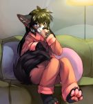  2018 absurd_res anthro bernese_mountain_dog beverage black_fur black_hair blue_eyes blush brown_fur canid canine canis claws clothed clothing digital_media_(artwork) domestic_dog drinking female fur hair hi_res holding_beverage holding_object hot_chocolate looking_at_viewer mammal molosser mountain_dog paws pillow sally_(povinne10) sitting sofa solo swiss_mountain_dog talilly white_fur 