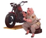  anthro belly chubby_cheeks clothed clothing domestic_pig hi_res holding_object holding_tool hooves male mammal mechanic motorcycle overweight overweight_male redic-nomad simple_background sitting solo suid suina sus_(pig) tire tools torn_clothing vehicle white_background 