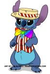  2017 4_fingers alien black_eyes blue_claws blue_fur blue_nose bottomless bow_tie chest_tuft claws clothed clothing disney experiment_(species) flat_colors fur hat headgear headwear leelee lilo_and_stitch notched_ear open_mouth open_smile simple_background smile solo standing stitch straw_hat tuft url vest watermark white_background 