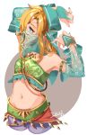  1boy alternate_costume armlet blonde_hair blue_eyes bridal_gauntlets commentary_request cropped_legs crossdressing dancing detached_sleeves forehead_jewel gem gerudo_link green_nails harem_pants highres jewelry link male_focus midriff nail_polish navel necklace nintendo otoko_no_ko pants pointy_ears signature solo stomach strapless the_legend_of_zelda the_legend_of_zelda:_breath_of_the_wild tubetop veil zozy_yy 
