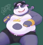  0ottotto0 2019 alp_(tas) anthro belly blush bulge clothing cute_fangs eyes_closed fur giant_panda green_background hat headgear headwear hi_res humanoid_hands male mammal moobs navel overweight overweight_male purple_fur simple_background sitting solo tokyo_afterschool_summoners tongue underwear ursid video_games 