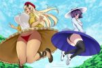  2girls alina_pegova ass bangs black_legwear black_panties blonde_hair blush breasts cloud curvy cyclops dark_skin embarrassed full_body hat horn huge_breasts large_breasts legs long_hair long_sleeves manako matching_hair/eyes monster_girl monster_musume_no_iru_nichijou multiple_girls one-eyed open_mouth panties pointy_ears purple_eyes purple_hair red_eyes red_panties short_hair sky smile thick_thighs thighhighs thighs tionishia tree underwear 