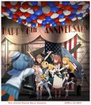 &gt;_&lt; 6+girls arms_up balloon banner blonde_hair blue_eyes blue_hair boots brown_hair commentary_request double_bun dress elbow_gloves english_text eyes_closed flag gambier_bay_(kantai_collection) gloves hairband hat highres intrepid_(kantai_collection) iowa_(kantai_collection) johnston_(kantai_collection) kantai_collection kitsuneno_denpachi long_hair long_sleeves multiple_girls open_mouth outstretched_arms photo_(object) sailor_hat samuel_b._roberts_(kantai_collection) saratoga_(kantai_collection) school_uniform serafuku short_hair short_sleeves shorts side_ponytail sleeveless smile standing star thighhighs translation_request twintails 