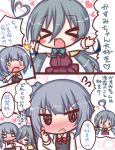  &gt;_&lt; /\/\/\ 2girls :d ahoge black_dress blue_bow blush blush_stickers bow chibi closed_mouth collared_shirt comic commentary_request dress emphasis_lines expressive_hair eyes_closed grey_hair heart kantai_collection kasumi_(kantai_collection) kiyoshimo_(kantai_collection) komakoma_(magicaltale) long_hair long_sleeves low_twintails multiple_girls nose_blush open_mouth outstretched_arms pinafore_dress pleated_dress purple_dress red_bow remodel_(kantai_collection) school_uniform shirt side_ponytail sleeveless sleeveless_dress smile spread_arms surprised translation_request twintails very_long_hair wavy_mouth white_shirt xd 